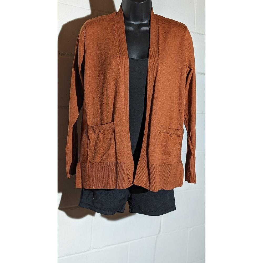 Time and Tru Open Front Cardigan Sweater Pockets Knit Copper Brown Casual Small